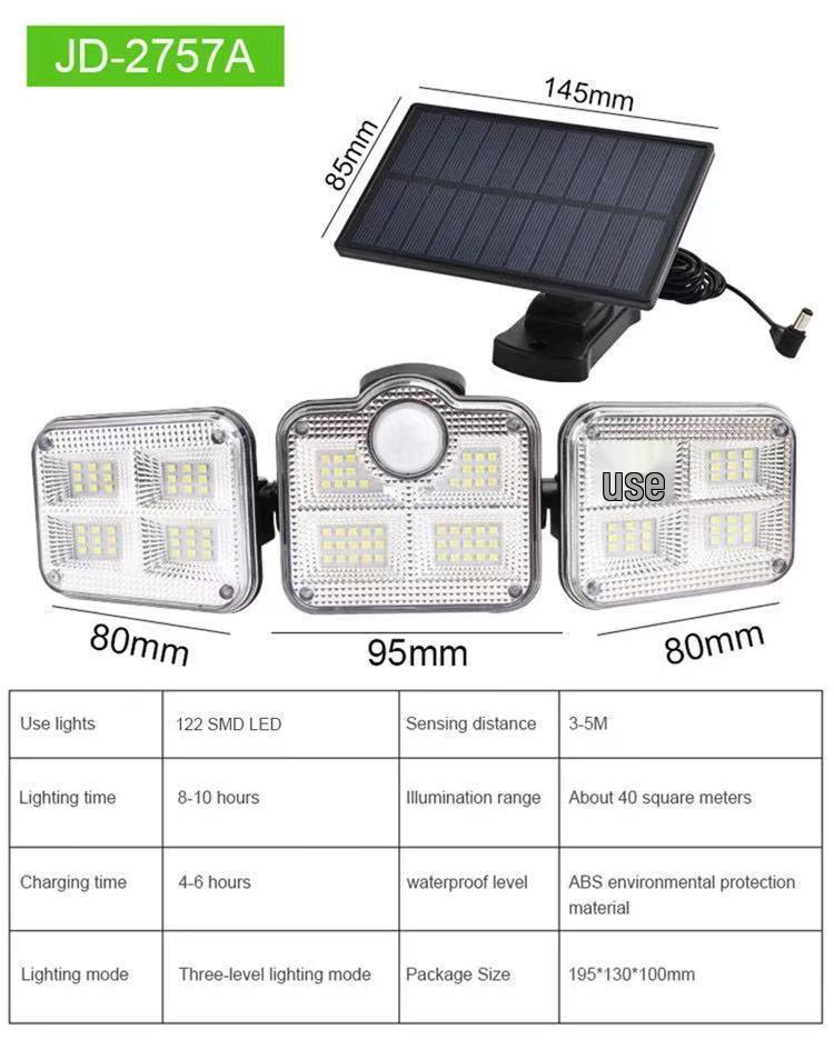 2021 Triple-Head Solar LED Wall Light with Motion Sensor for Outdoor Use