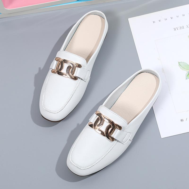 New Women Baotou Half Slippers Ladies Square Toe Thick Heel Muller Sandals For Outer Ladies Flat Fashion Vintage British Leather
