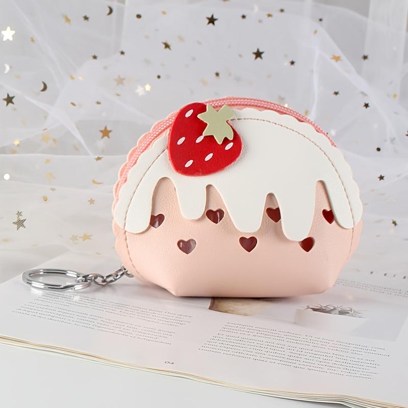 Girl's PU Leather Cartoon Strawberry Cake Heart Pattern Coin Purse Mini Cute Wallets With Keychain Outdoor Money Cards Storage Handbags