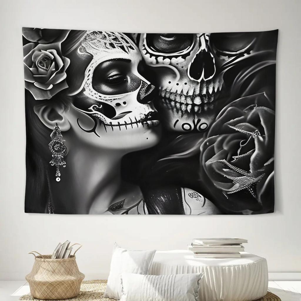 Black And White Sugar Skull Couple Black And White Sugar Skull Couple Abstract Wall Tapestry for Hallways Or Staircase Walls - Adds Depth And Characte
