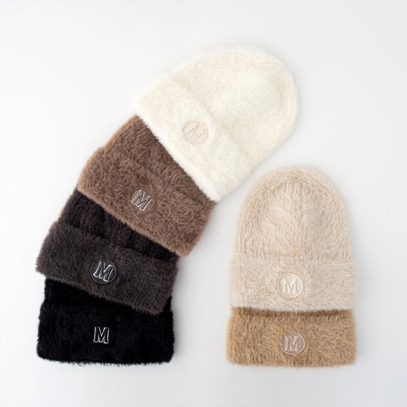 Korean Version of Autumn and Winter New Versatile Hat for Women Plush Letter Wool Hat Imitation Mink Hair Winter Warm Student Knit Hat