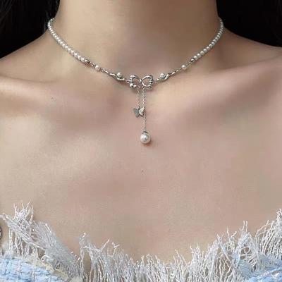 New Bow Tassel Pearl Necklace Light Luxury Niche Design Temperament Collarbone Chain Feeling Neck Chain Accessories