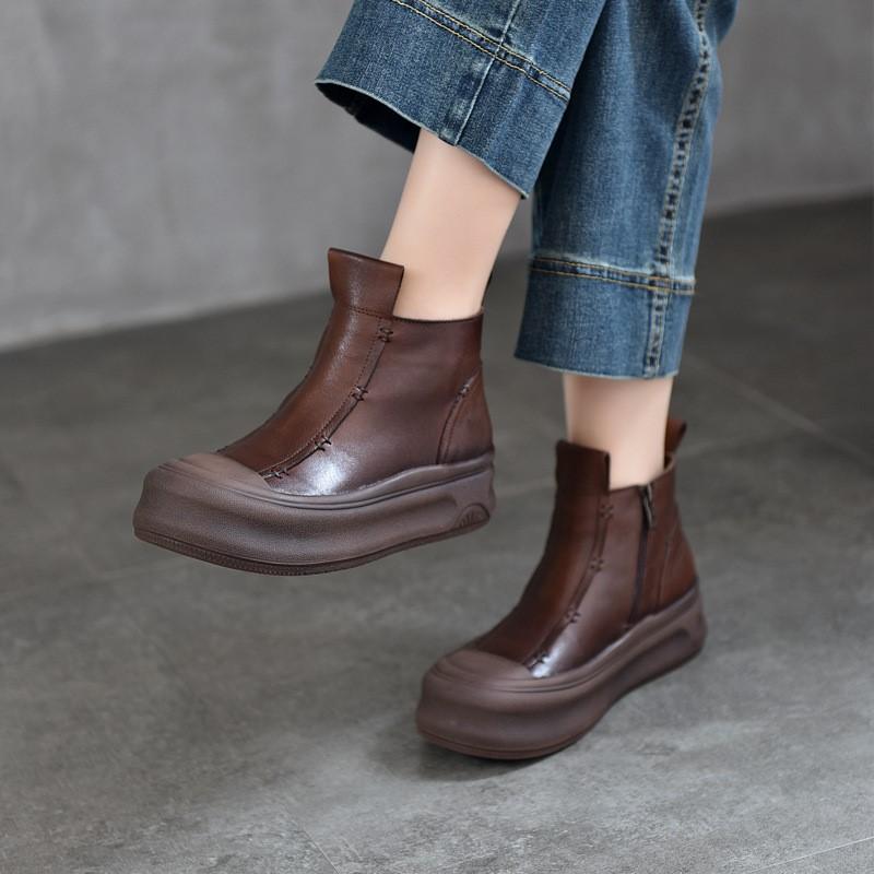 Johnature Versatile Thick Soled Genuine Leather Short Boots Side Zipper Autumn/winter Retro Women's Flat Platform Shoes