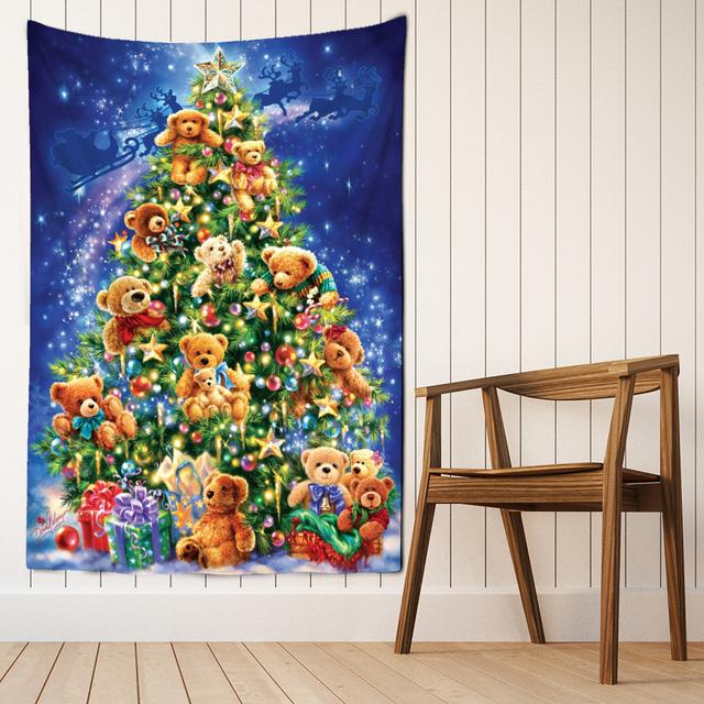 Snow Christmas Tree Fireplace Santa Claus Print Tapestry Wall Hanging Background Cloth Decor Christmas Home Room Wall Decoration