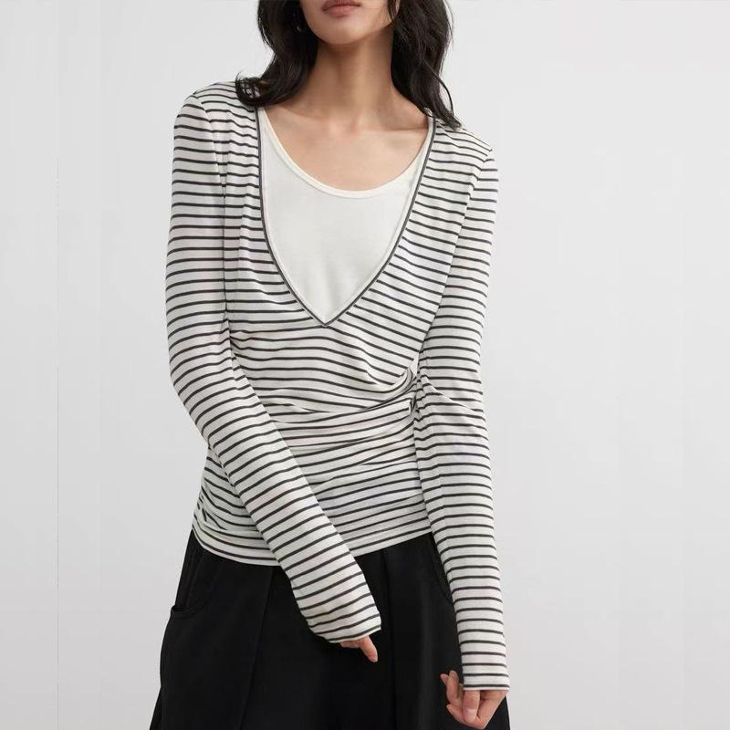 

Топ с длинным рукавом из смесовой ткани лиоцелл и шерсти в полоску с присборенной талией два в одном Large