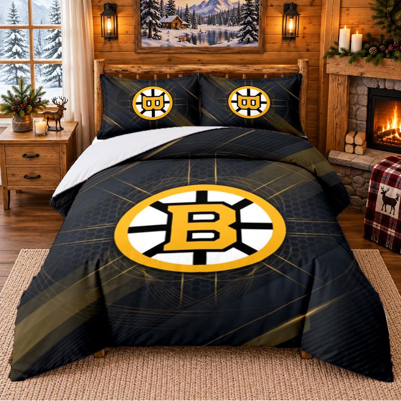 Printed 3Pcs Bedding Set Boston Bruins Pattern Bed Sheet Pillowcase For Bedroom Decor
