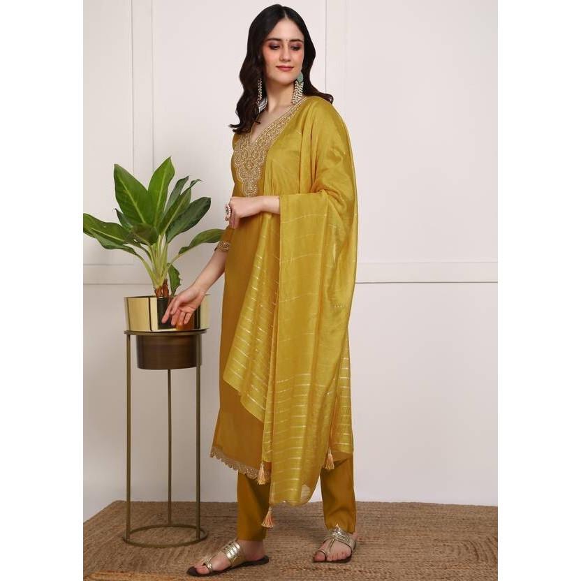 Indian Pakistani Pure Silk Kurti Pant Dupatta Set Women Party Wear Salwar Kameez VF-20219