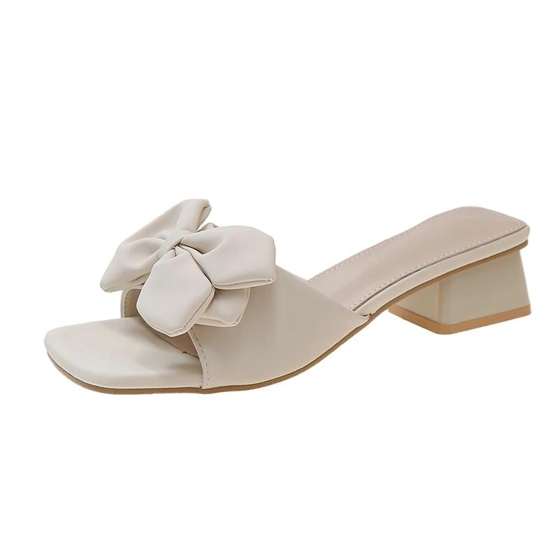 Металлическая пряжка Прозрачные квадратные каблуки Шлепанцы Женские открытые носки Мюли Классные летние тапочки Сандалии Элегантная обувь 35 бежевый