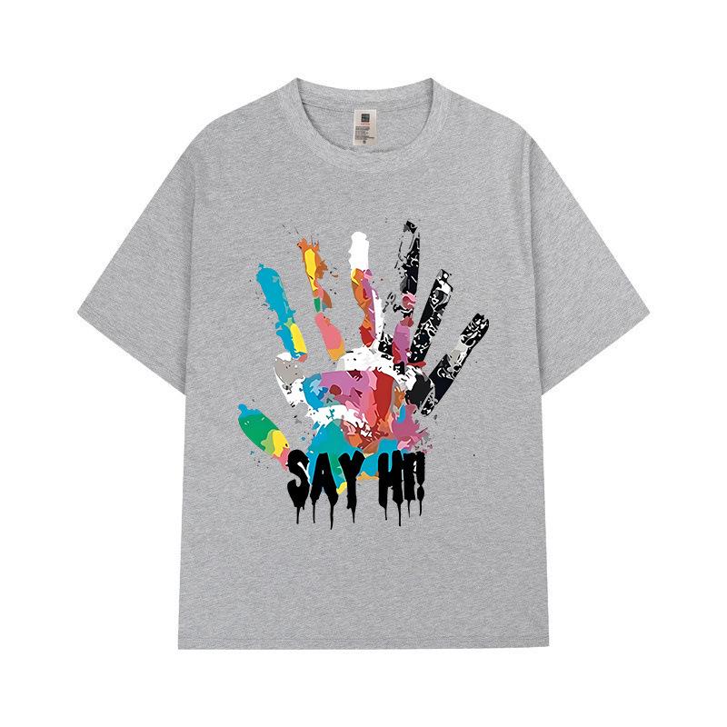 

Футболка большого размера с коротким рукавом и круглым вырезом из хлопка в американском ретро-стиле с красочным принтом пальм и зыбучих песков 5XL светло-серый