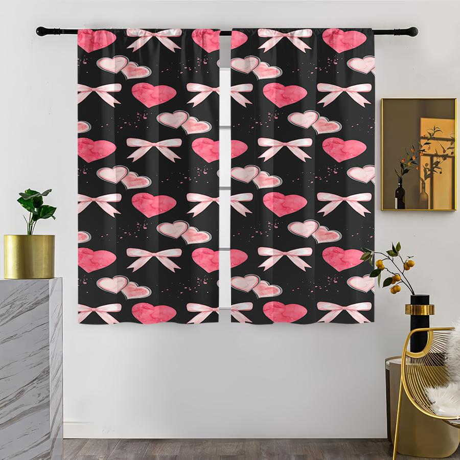 

Black Background Powder Heart Curtains Sweet Cool Style Bedroom Living Room Decorative Drawbar Pockets Curtain Set Of 2 Made Polyester Washable Great W100*H70(CM)-Grommet top&2PCS