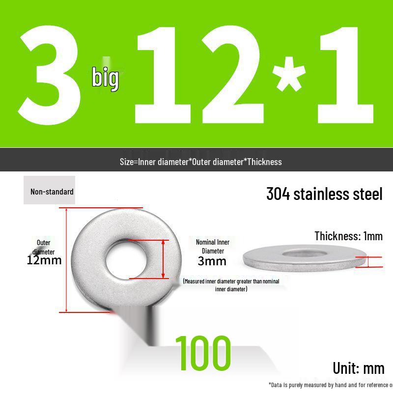 304 Stainless Steel Enlarged Flat Washer Ring (Sizes: M1.6-M22)