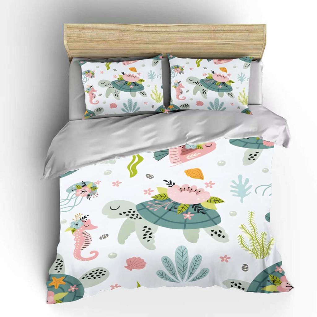 Marine Animals with Floral Decorations Bedding Set for Kids Luxury Gift 3pcs Digital Print Comforter Set Soft Comfortable