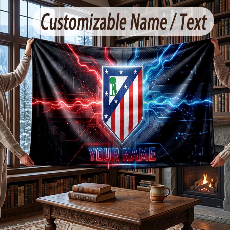 Custom Name Flannel Throw Blanket Atletico Madrid FC Pattern Warm Home Decoration