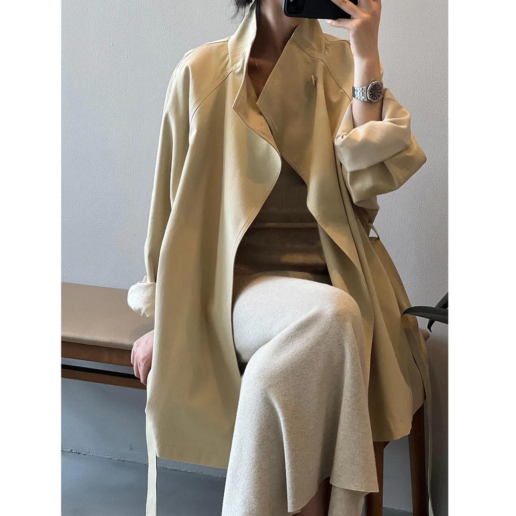 Women Long Sleeve Windbreaker Women Vintage Elegant Trench Coat Office Lady Belt Jacket Loose Waist Stand Collar Fashion Long Coats