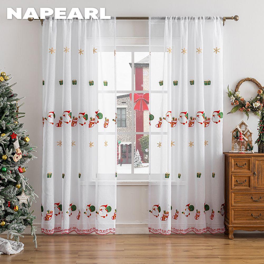 1PC NAPEARL Christmas Style Sheer Curtains Exquisite Santa Claus Pattern Embroidered Tulle for Living Room Bedroom Balcony Window Home Decor