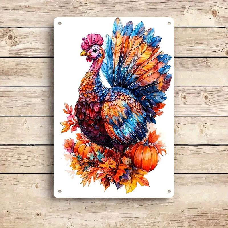 1 Piece: Thanksgiving Turkey Tin Painting Plaque; Autumn Harvest Pumpkin and Maple Leaf Decorative Painting; Living Room/entrywa