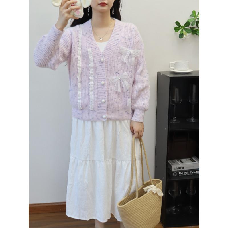 

Осень и зима новый трехмерный бант вязаный кардиган чувство дизайна сладкий нежный ветер свободный свитер куртка женская one size fits all фиолетовый