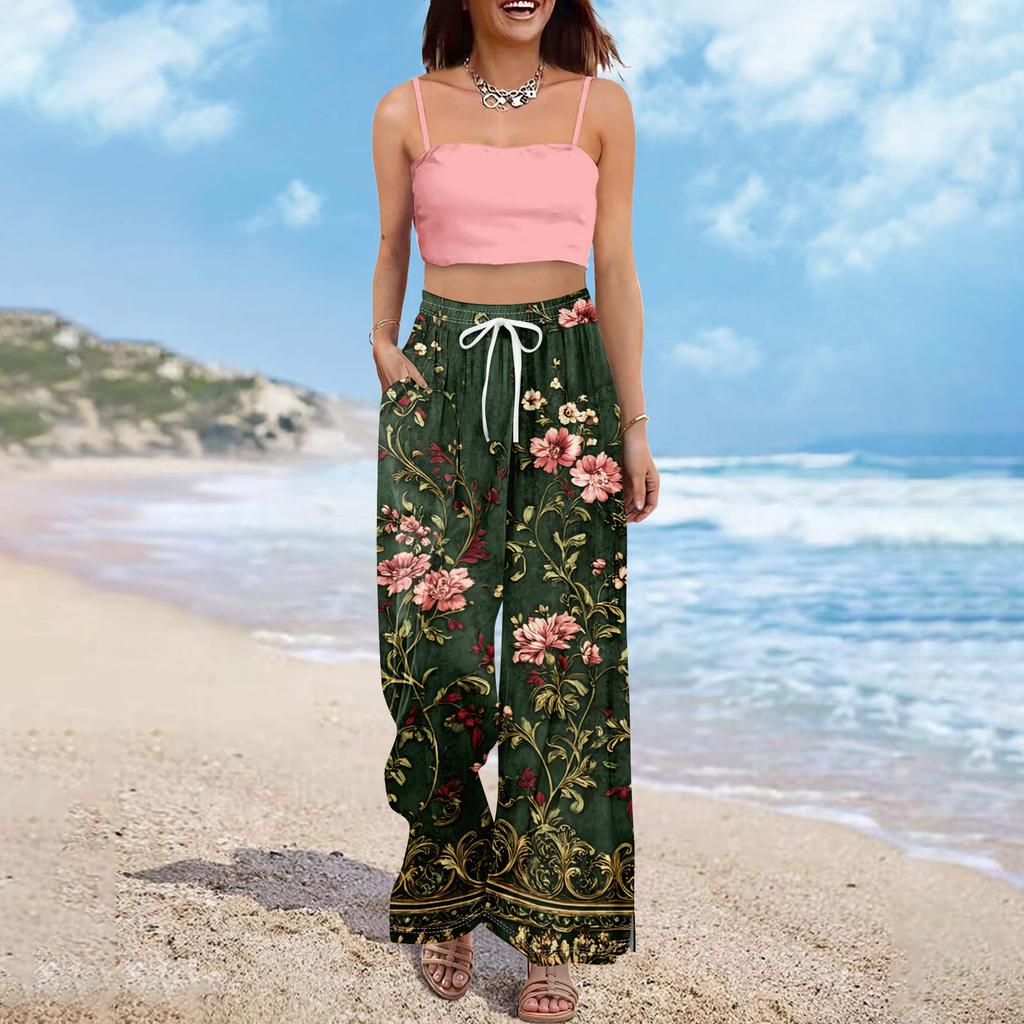 Dames zomer boho palazzo broek met hoge taille, wijde pijpen en bloemenprint, casual broek met zakken