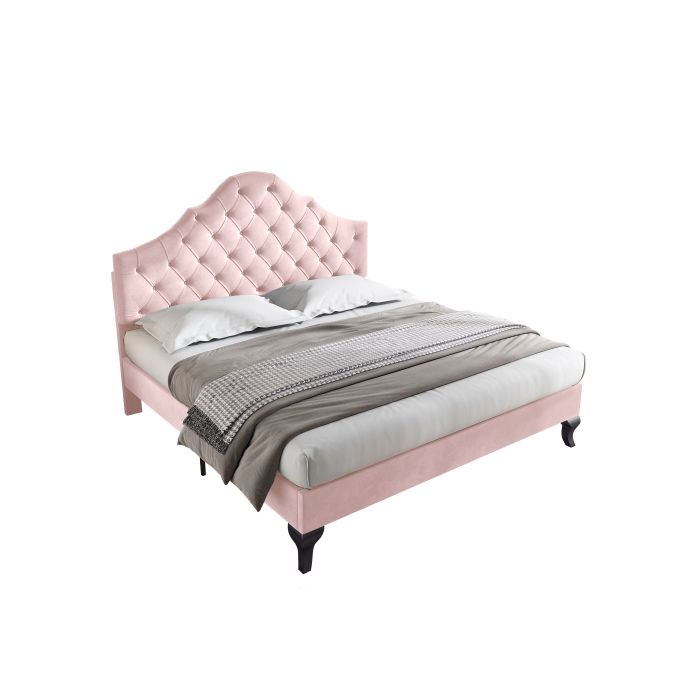 Gepolstertes Bett - MUVOE - 140x200 cm - Verstellbares Kopfteil - Rosa Samt - 2-Sitzer