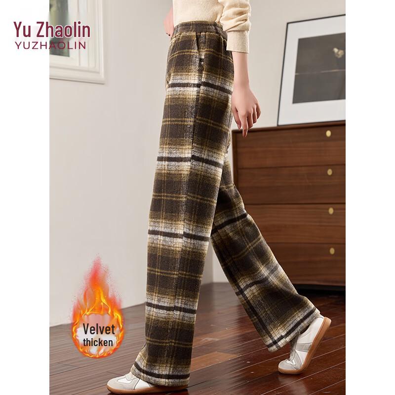 Yu Zhaolin Women s Autumn/Winter Plaid Fleece-lined Wide-Leg Pants L