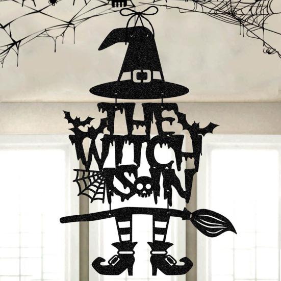 Halloween Witch Door Sign Spooky Witch Leg Hat Broomstick Front Door Hanging Decor Farmhouse Witch Welcome Sign for Home Wall Indoor Outdoor Decor