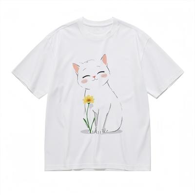 Women's Fashion Comfortable Classic T-Shirt Cartoon Cat And Floral Cotton Tee