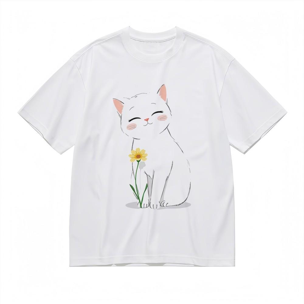 

Women s Fashion Comfortable Classic T-Shirt Cartoon Cat And Floral Cotton Tee M