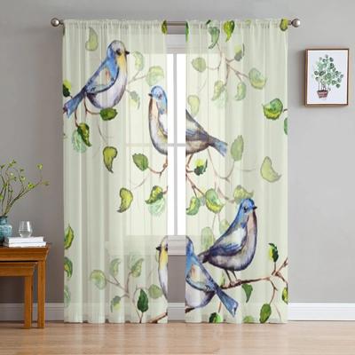 Watercolor Leaves and Birds Window Curtains Sheer Chiffon Tulle Curtain Home Living Room Backdrop Decoration