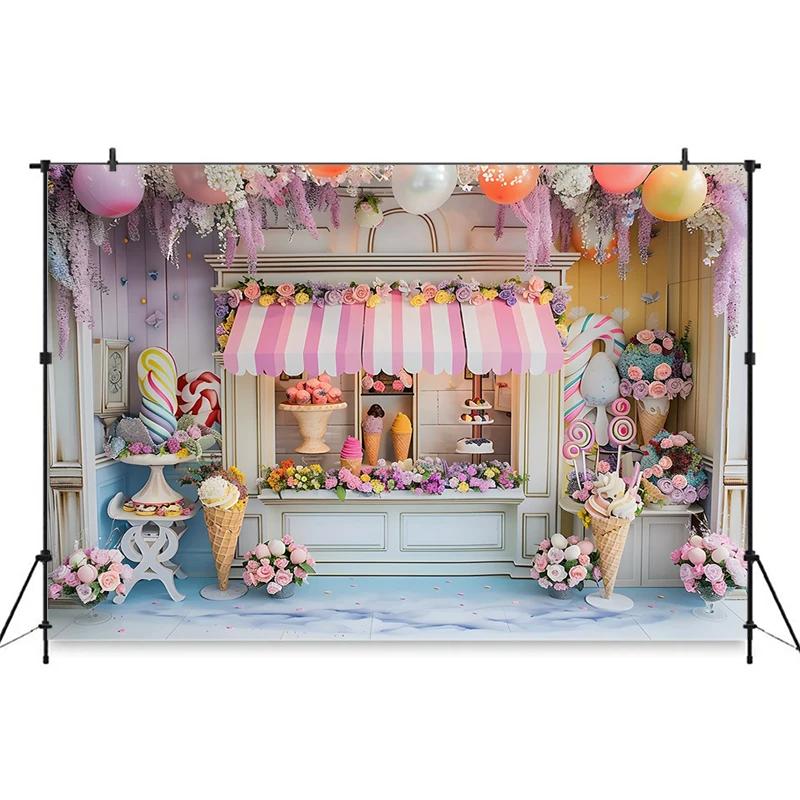 Ice Cream Backdrop For Photography Cake Crush Dessert Shop Balloon Flower Background Wedding Birthday Party Decoration Backdrops