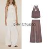 Hanging Collar Bowknot Decoration Vest 2010809 Vertical Fabric Mid Waist Wide Leg Casual Trousers 8338504