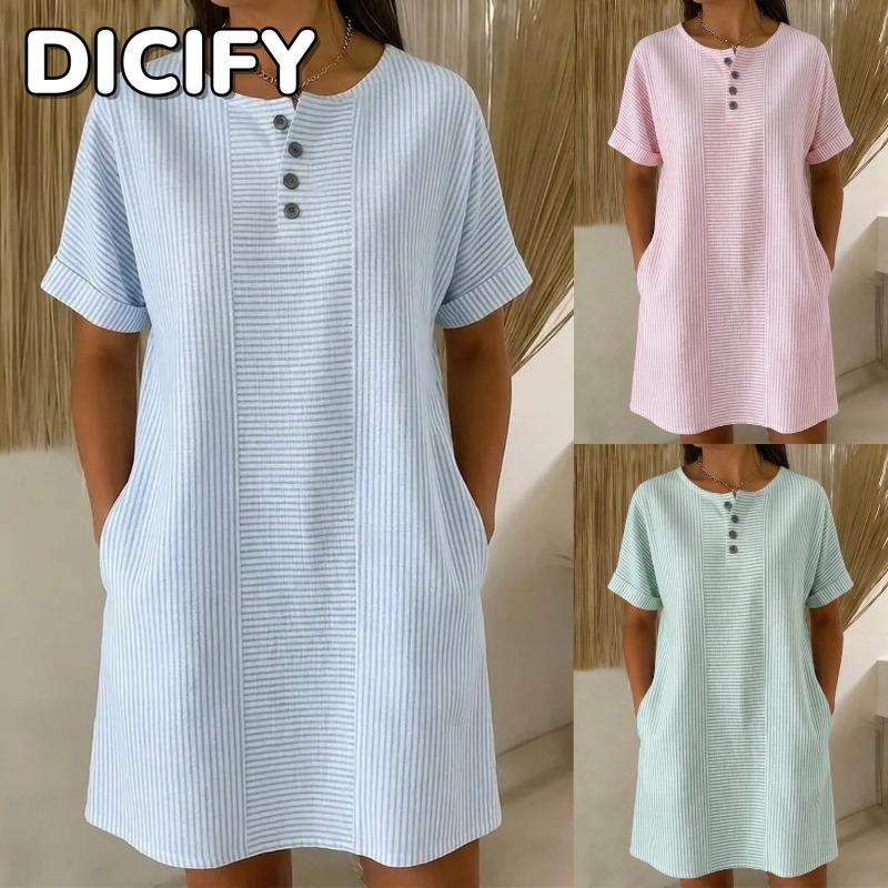 DICFY Women's Fashion Summer Spring Solid Color Print Short Sleeve O-Neck Casual Dresses