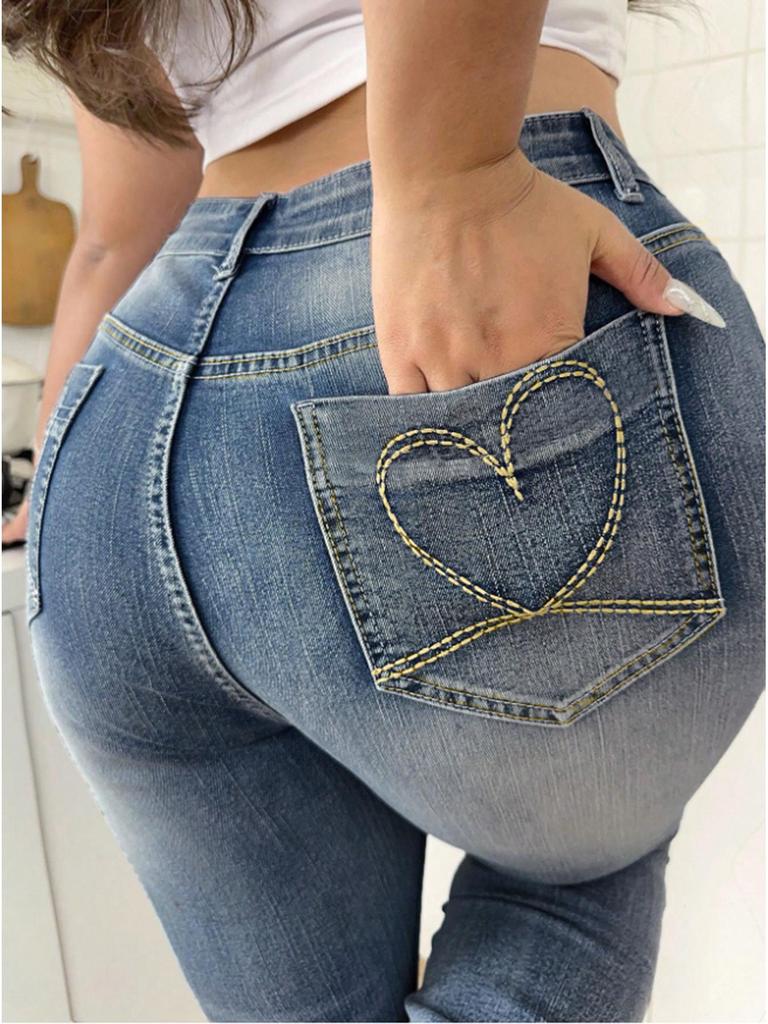 European and American Plus Size Embroidered High-Waisted Micro-Flare Denim Jeans for Women