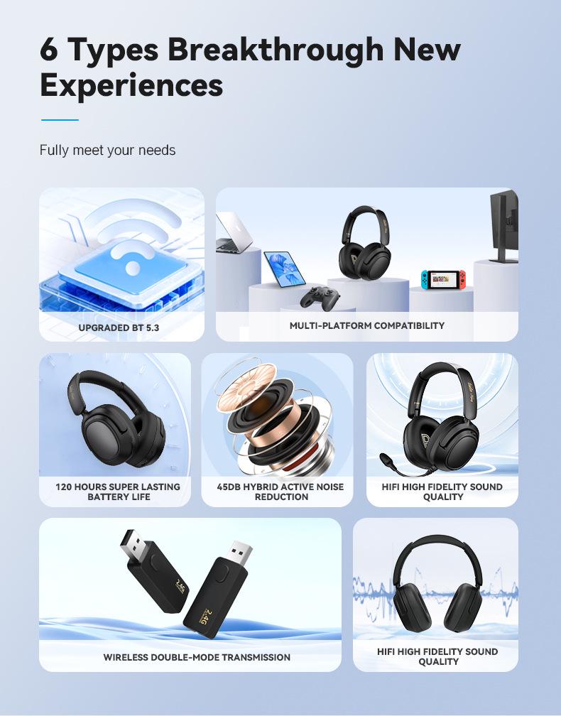 Dual-Feed Low-Latency Wireless Noise-Cancelling Bluetooth Headphones with Long Battery Life and 2.4G Connectivity