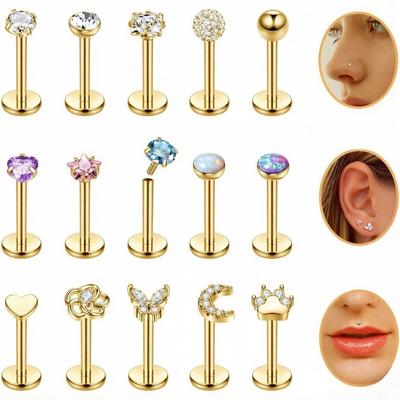 Flache Rückseite Labret Stecker Set, Mehrfarbige Edelstein Nasenringe & Ohrringe, Universeller Körperpiercing Schmuck für Lippe, Nase und Ohr