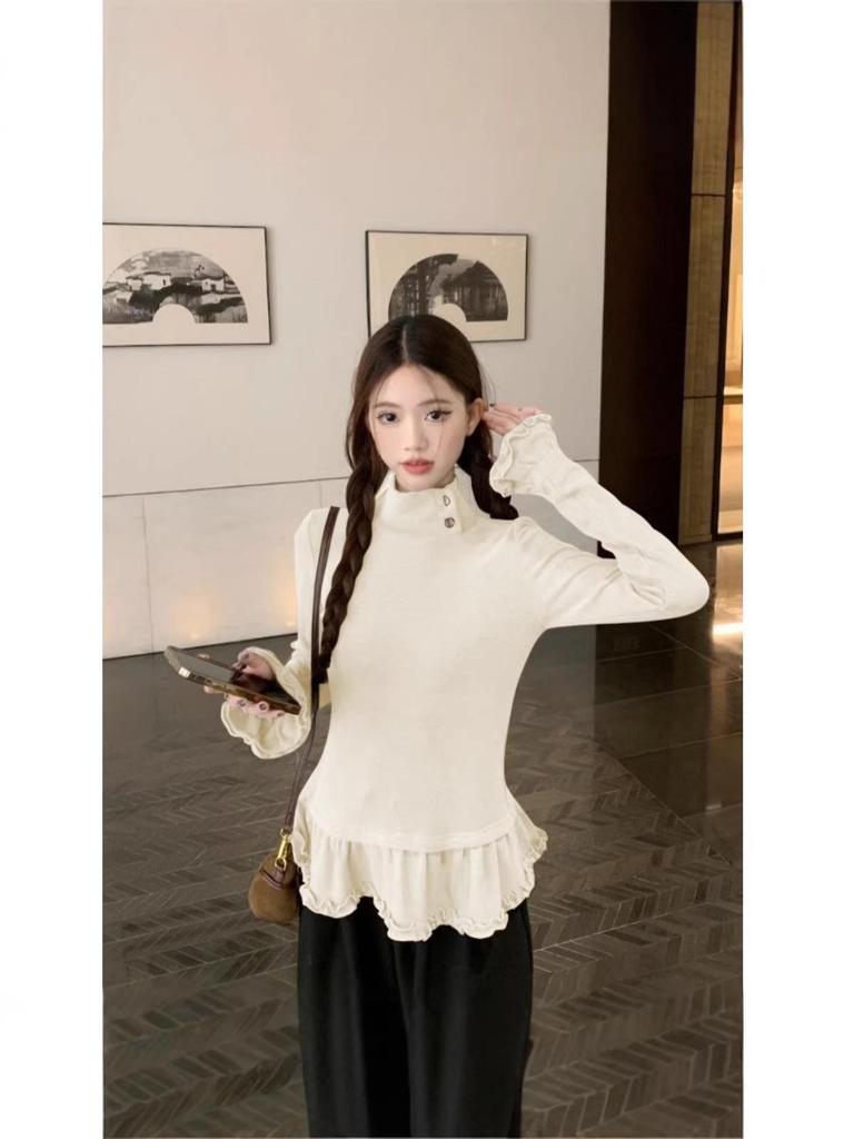 Women's Sweet Ruffle Long Sleeve High Neck Base Layer, 2025 Autumn/Winter Slimming Top