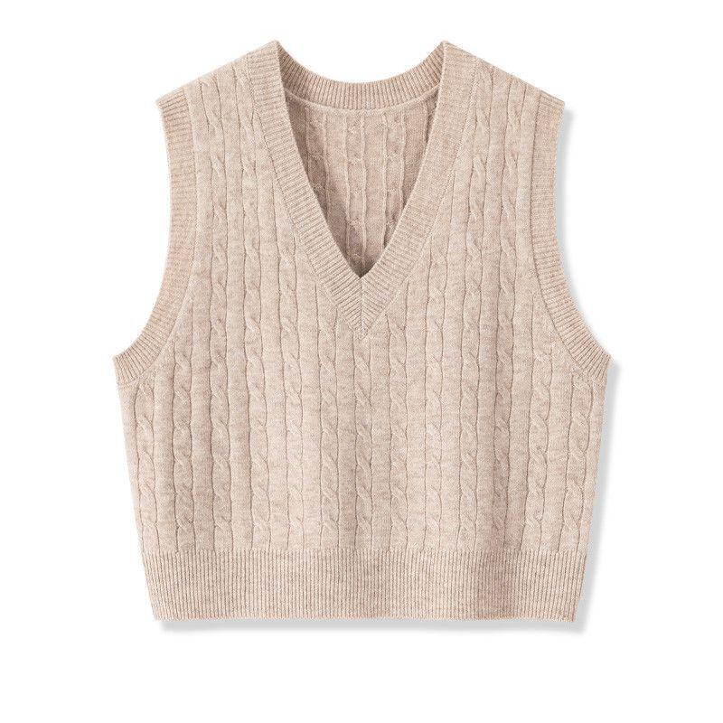 Women's Korean Style V-Neck Cable Knit Sleeveless Sweater Vest for Autumn/Spring