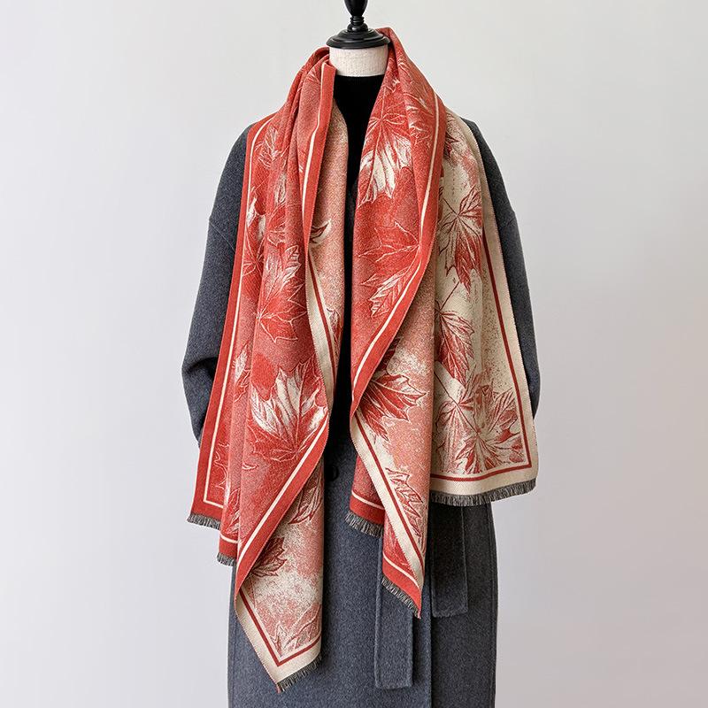 imitation cashmere maple leaf retro style advanced texture printing double-sided warm scarf shawl