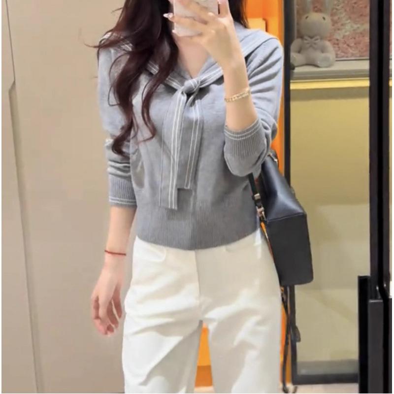 College style contrasting color navy collar knitted sweater women's autumn new temperament thin shawl lapel sweater tide