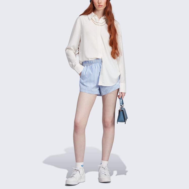 adidas Originals Premium Essentials Striped Color Block Elastic Waist Straight Leg Shorts Women Shorts Blue White IC5294