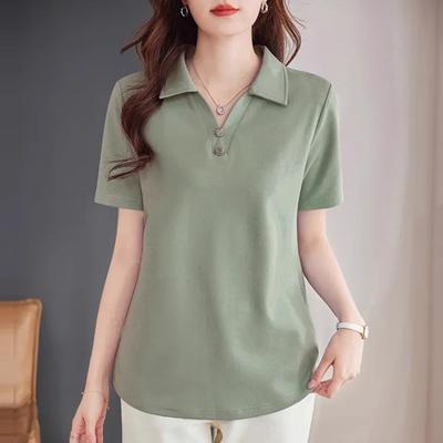 Women's Sage Green Polo Shirt V-Neck Short Sleeve Casual Top
