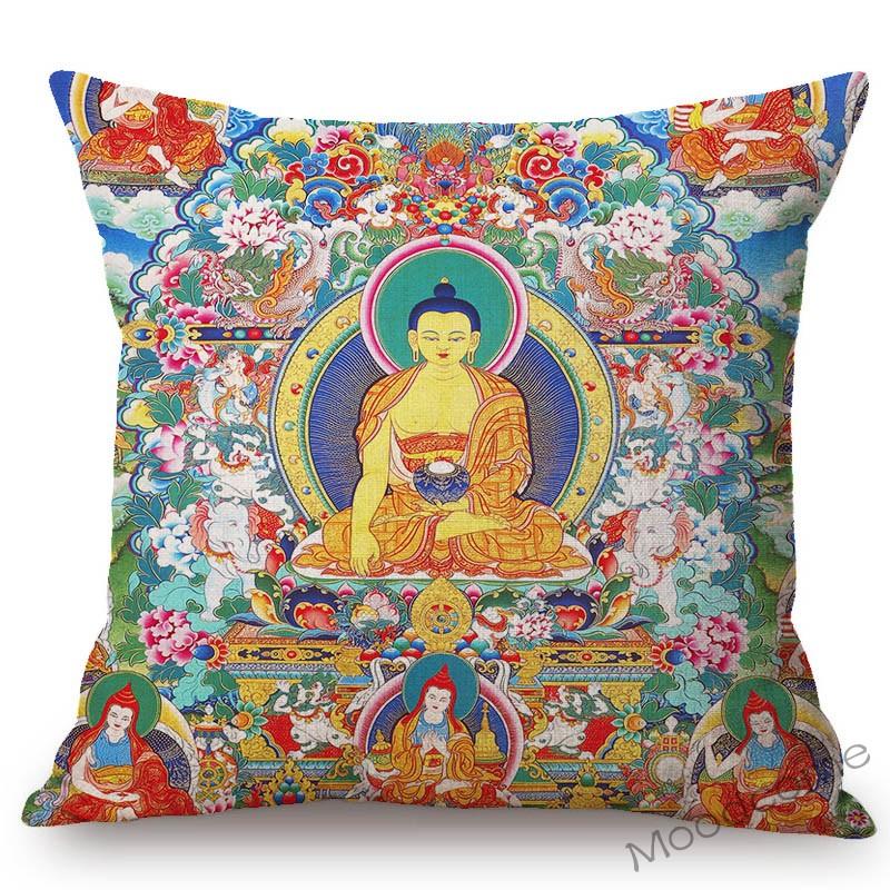 Colorful Blue Buddhism Artwork Bodhisattva Fortune God Sakyamuni Tangka Buddha Painting Sofa Pillow Case Linen Cushion Cover