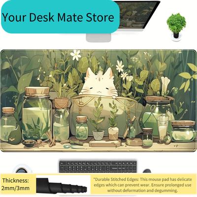 Kawaii White Cat Green Plants Design Large Mouse Pad Desk Mat NonSlip Stitched Edge Office Mat Gaming Pad Computer Mouse Pads