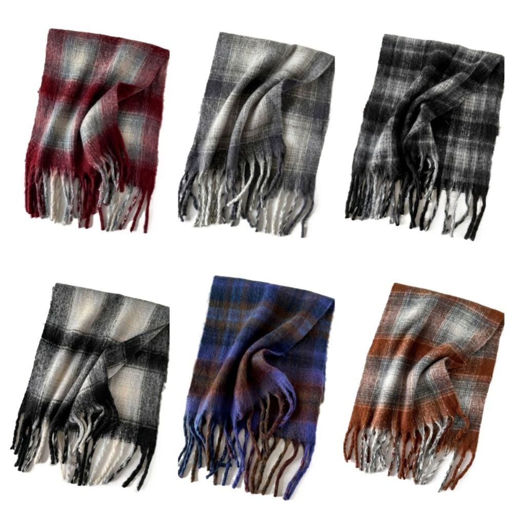 Plush Plaid Wool Scarf Tassel Long Shawl Simple Winter Cashmere Scarves  Girl