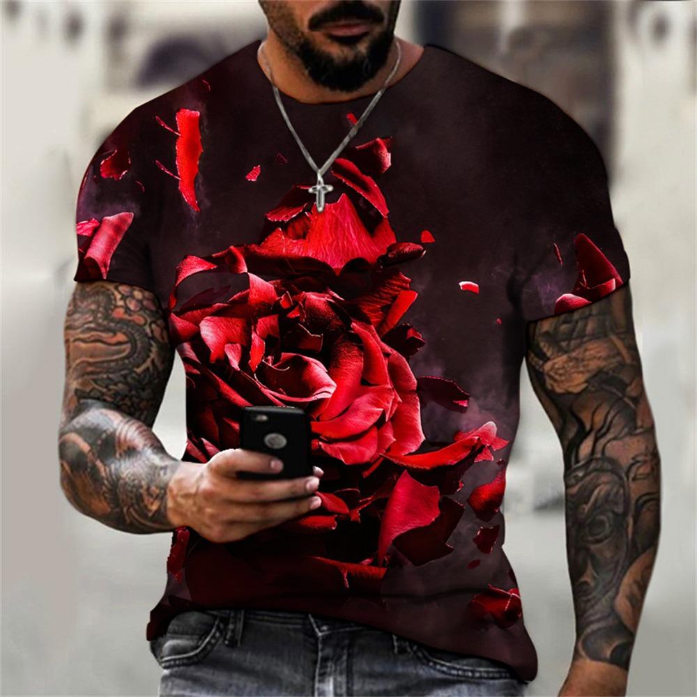 2025 Summer Men T-shirt 3D Graphic Bright Rose Print Vintage T Shirt Men Women Tshirt Casual Short Sleeve O-neck Streetwear