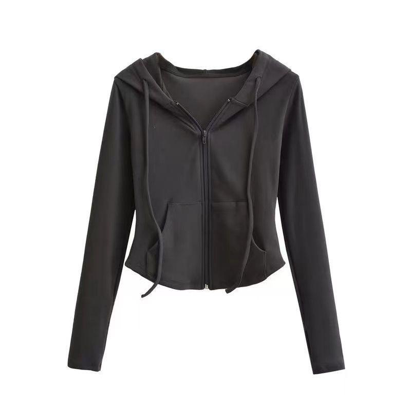 Women‘s Hooded Long Sleeve Slim Fit Zip Up Cardigan Solid Cropped Jacket Top
