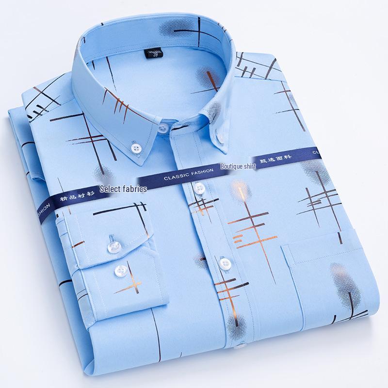 

Последняя весенне-осенняя немнущаяся рубашка в золотистую клетку для мужчин среднего и пожилого возраста - деловой кэжуал стиль Size 43