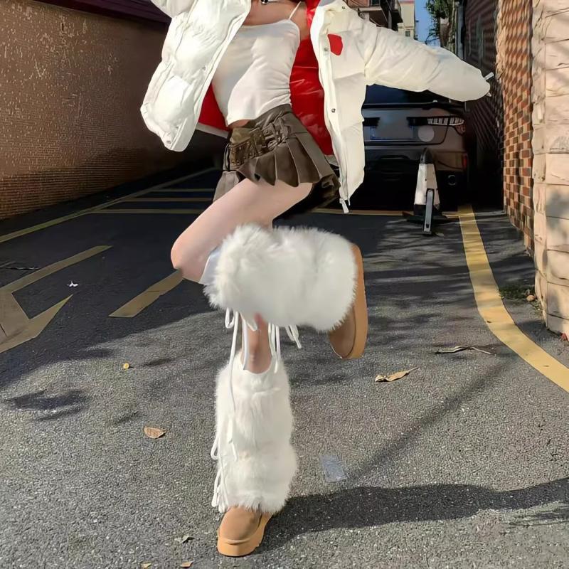 White Faux Fur Leg Warmers Boot Covers Y2K Goth Solid Leg Socks Punk Knee-Length Warm Sock