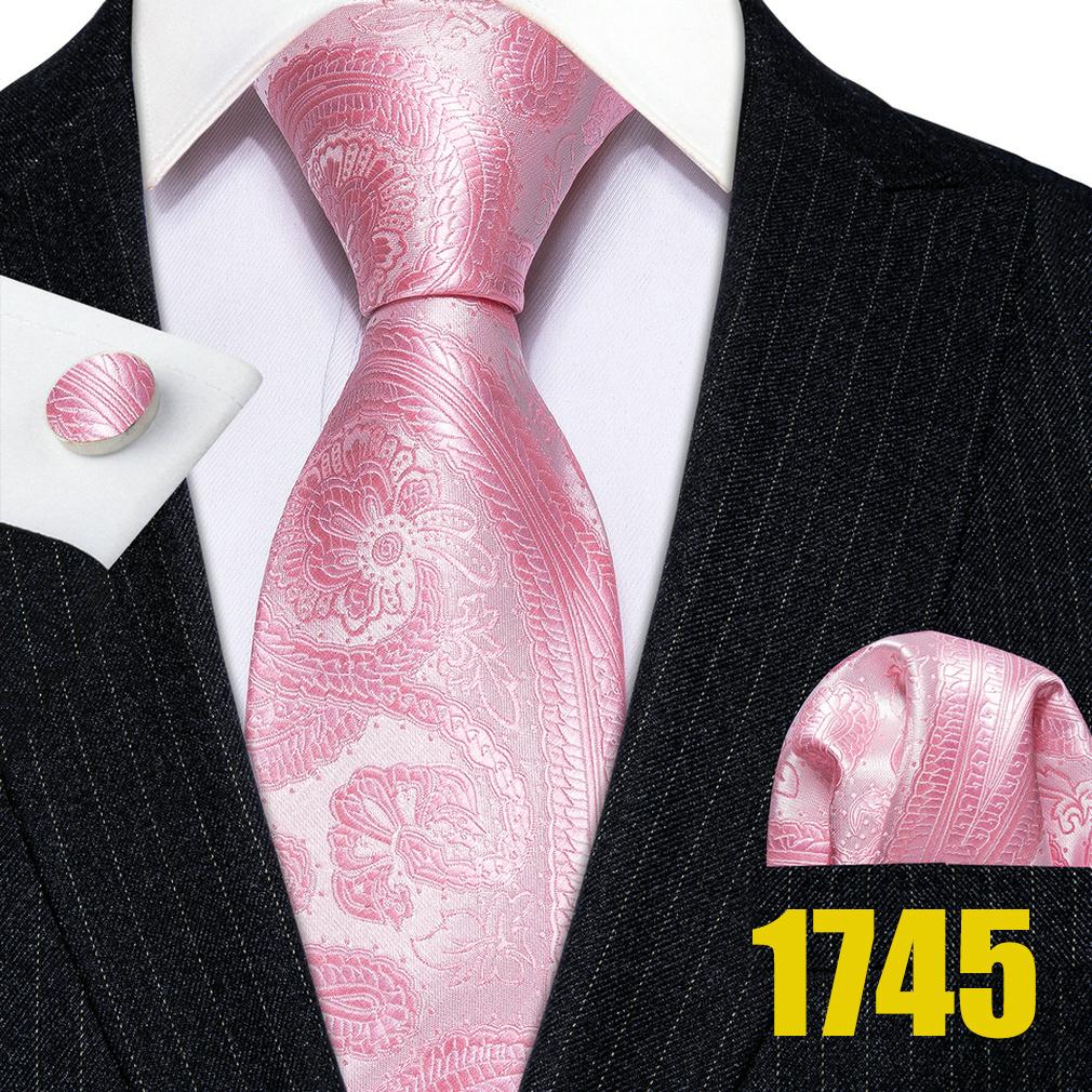 Men Pink Ties Fashion Classic Striped Paisley Floral Necktie Handky Cufflinks Set Formal Wedding