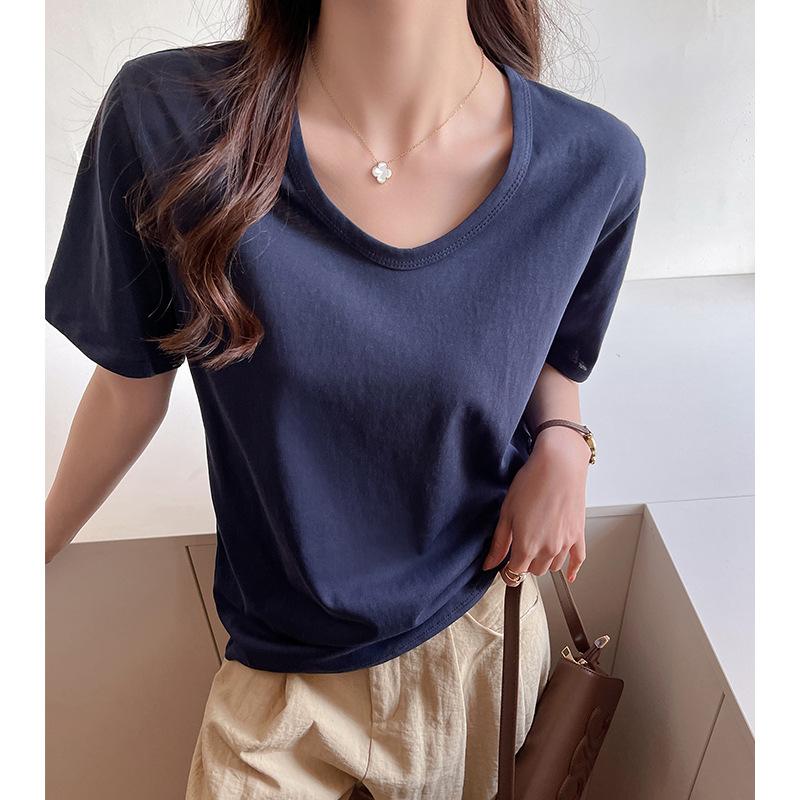 Snowflake Cotton Korean Version Women's Clothing V-neck Loose Front Shoulder Short-sleeved T-shirt Women's High-end Sense Lazy Wind Wear Solid Color C