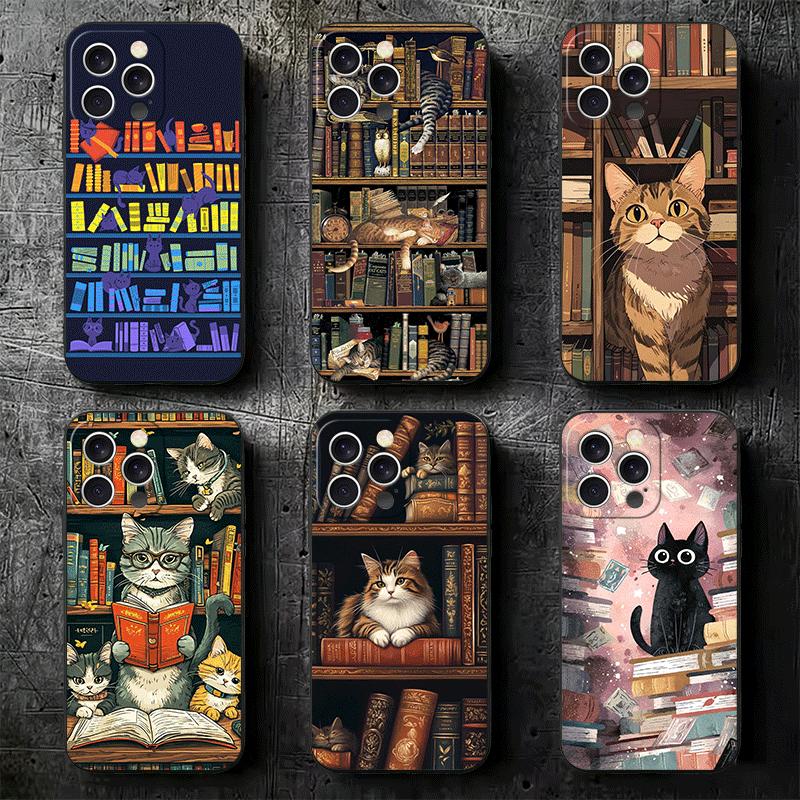 Cute Cat Bookshelf Interesting Soft Phone Case for iPhone 16 16E 17 Air 15 Pro Max 14 Plus 13 Mini 11 12 7 Black Cover Back Shel